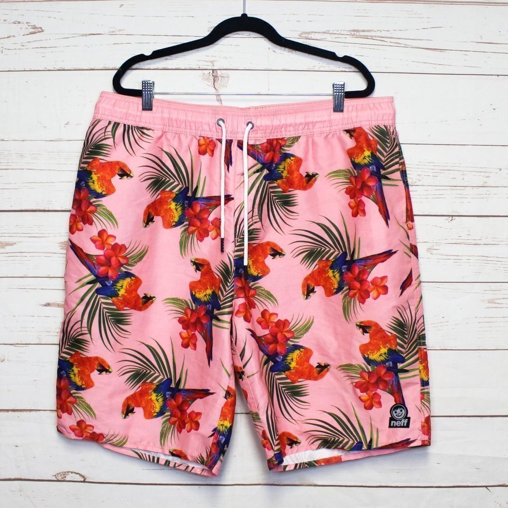 Neff Board Short Swim Trunks Mens 2XL XXL Pink‎ Floral Parrot Print Beach Fun